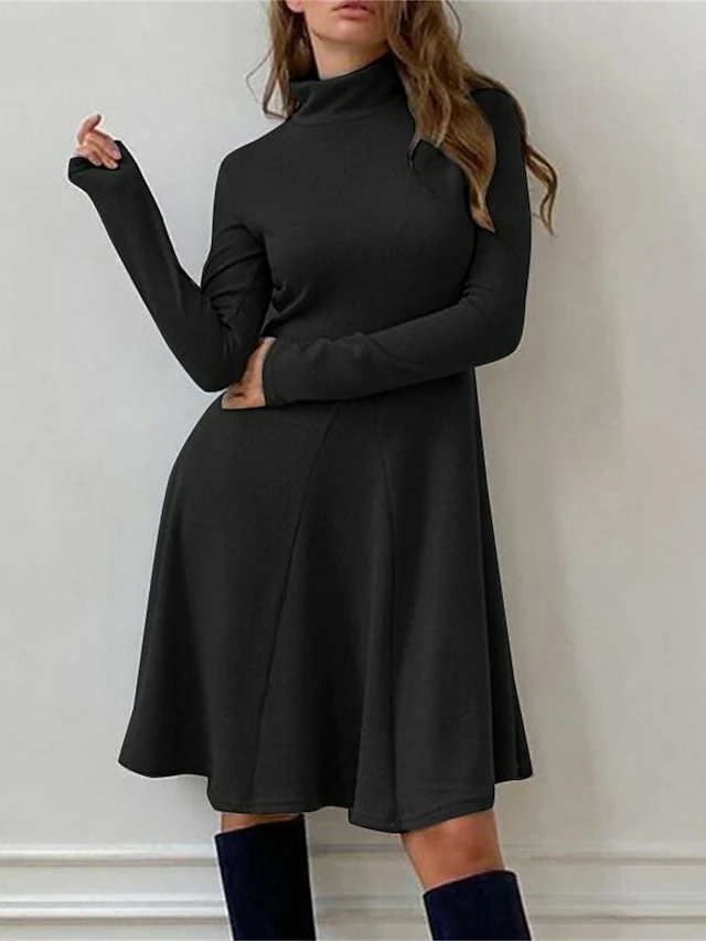 Women's Casual Dress Plain Dress Midi Dress Patchwork Outdoor Street Daily Fashion Streetwear Stand Collar Long Sleeve 2023 Slim Black Khaki Gray Color S M L XL XXL Size 7 Women's Casual Dress Plain Dress Midi Dress Patchwork Outdoor Street Daily Fashion Streetwear Stand Collar Long Sleeve 2023 Slim Black Khaki Gray Color S M L XL XXL Size - Image 5