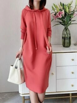 Women's Casual Dress Hoodie Dress Midi Dress Active Daily Outdoor Going Out Weekend Hoodie Pocket Solid Color Loose Fit Black Pink Green M L XL XXL 3XL -LIGHTINTHEBOX Shop vgjqqd1694427872921