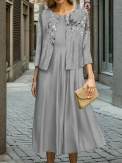 Women's Two Piece Dress Set Casual Dress Swing Dress Outdoor Office Fashion Streetwear Print Midi Dress Crew Neck 3/4 Length Sleeve Floral Regular Fit Blue Purple Green Fall Winter S M L XL XXL