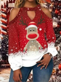 Women's Shirt Christmas Shirt Wine Red Navy Blue Snowflake Deer Cut Out Print Long Sleeve Christmas Weekend Streetwear Casual Print Round Neck Regular Fit Cold Shoulder