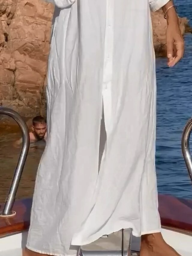 Women's Casual Dress Cotton Dress Shift Dress Maxi Long Dress Cotton Fashion Daily Outdoor Daily Vacation Stand Collar Button Pocket 3/4 Length Sleeve Fall Autumn 2023 Loose Fit White Plain S M L XL 4 Women's Casual Dress Cotton Dress Shift Dress Maxi Long Dress Cotton Fashion Daily Outdoor Daily Vacation Stand Collar Button Pocket 3/4 Length Sleeve Fall Autumn 2023 Loose Fit White Plain S M L XL - Image 2