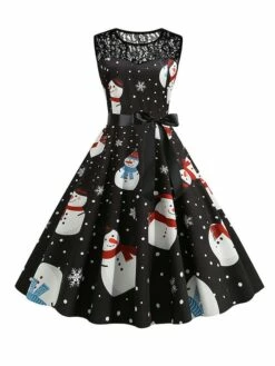 Women‘s Christmas Retro 1950s Vintage Dress Midi Dress Party Patchwork Bow Santa Claus Crew Neck Sleeveless Regular Fit Fall Winter 2023 Black White S M L XL -LIGHTINTHEBOX Shop viqnre1694501417419