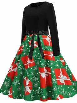 Women's Christmas Swing Dress Vintage Dress Midi Dress Green Blue Light Green Long Sleeve Santa Claus Bow Winter Fall Autumn Crew Neck Fashion Daily Date 2022 S M L XL XXL 3XL -LIGHTINTHEBOX Shop vjalxj1667894621479