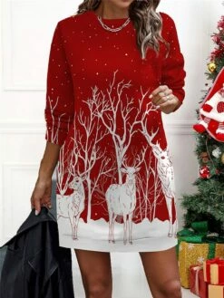 Women‘s Christmas Casual Dress Sweatshirt Dress Mini Dress Warm Fashion Outdoor Holiday Crew Neck Print Santa Claus Snowman Loose Fit Black Red Burgundy S M L XL XXL