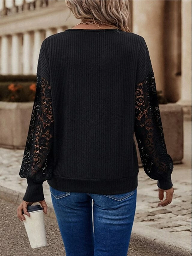Women's Shirt Blouse Black White Plain Lace Long Sleeve Casual Basic V Neck Regular Fit 7 Women's Shirt Blouse Black White Plain Lace Long Sleeve Casual Basic V Neck Regular Fit - Image 5