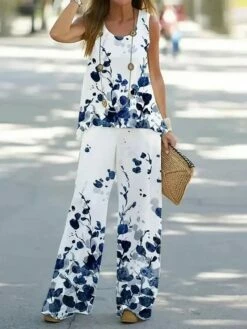 Women's Pants Sets Bolero Top White Floral Printing Plant Patchwork Print Sleeveless Casual Daily Boho Crew Neck Regular Fit Fall & Winter