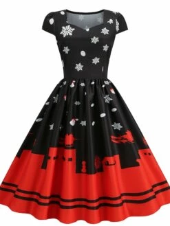 Women's Christmas Swing Dress Vintage DressKnee Length Dress Blue Wine Red Light BlueShort Sleeve Santa Claus Snowman Tree Print Fall Winter Square Neck Vintage Elegant Slim 2022 S M L XL -LIGHTINTHEBOX Shop vktbng1667889855538