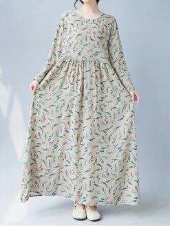 Women's Casual Dress Linen Dress Swing Dress Maxi Long Dress Linen Fashion Modern Outdoor Daily Holiday Crew Neck Print Long Sleeve Fall Winter Autumn 2023 Loose Fit Apricot Flower L XL 2XL -LIGHTINTHEBOX Shop vkzgnb1693553163768