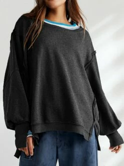 Hoodie Women's Black White Army Green Solid / Plain Color Split Daily Fashion Round Neck Loose Fit S -LIGHTINTHEBOX Shop vlogfq1697798985328