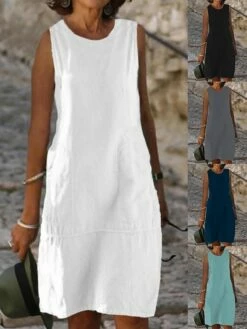 Women's Casual Dress Cotton Dress Shift Dress Midi Dress Cotton Blend Fashion Basic Outdoor Daily Vacation U Neck Pocket Sleeveless Summer Spring Fall 2023 Loose Fit Light Blue Black White Plain S M