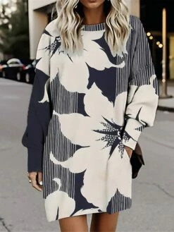 Women's Casual Dress Sweatshirt Dress Winter Dress Floral Pocket Print Crew Neck Mini Dress Fashion Streetwear Outdoor Daily Long Sleeve Loose Fit Navy Blue Fall Winter S M L XL XXL