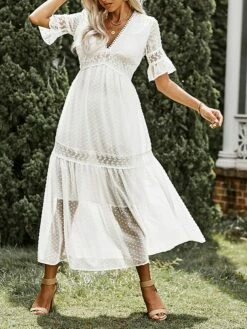 Women's Long Dress Maxi Dress Party Dress Casual Dress Sundress Pure Color Basic Casual Outdoor Daily Vacation Lace Patchwork Half Sleeve V Neck Dress Loose Fit White Summer Spring S M L XL XXL -LIGHTINTHEBOX Shop vmcwuk1678356605641