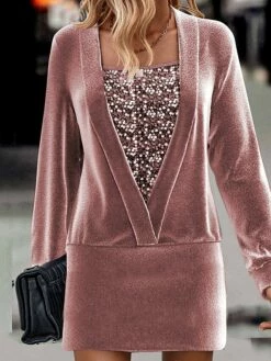 Women's Casual Dress Velvet Dress Mini Dress Warm Fashion Outdoor Holiday Vacation Crew Neck Pure Color Pure Color Regular Fit Pink S M L XL XXL -LIGHTINTHEBOX Shop vmdjiy1696756903504