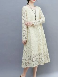 Women's Work Dress Lace Dress Black Dress Fashion Midi Dress Lace Crew Neck Long Sleeve Plain Loose Fit Black White Pink Fall Winter M L XL XXL 3XL -LIGHTINTHEBOX Shop vmqosz1693300596425