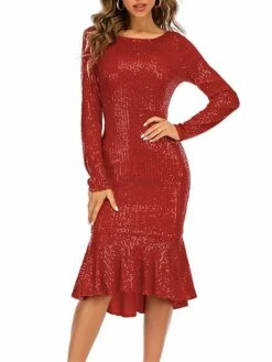 Women‘s Party Dress Sequin Dress Wedding Guest Dress Midi Dress Wine Long Sleeve Pure Color Sparkly Glitter Sequins Spring Fall Winter Crew Neck Fashion Winter Dress Wedding Guest Evening Party