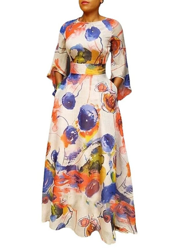 Women‘s Plus Size Curve Holiday Dress Floral Crew Neck Print 3/4 Length Sleeve Fall Spring Elegant Maxi Long Dress Formal Party Dress 6 Women‘s Plus Size Curve Holiday Dress Floral Crew Neck Print 3/4 Length Sleeve Fall Spring Elegant Maxi Long Dress Formal Party Dress - Image 4