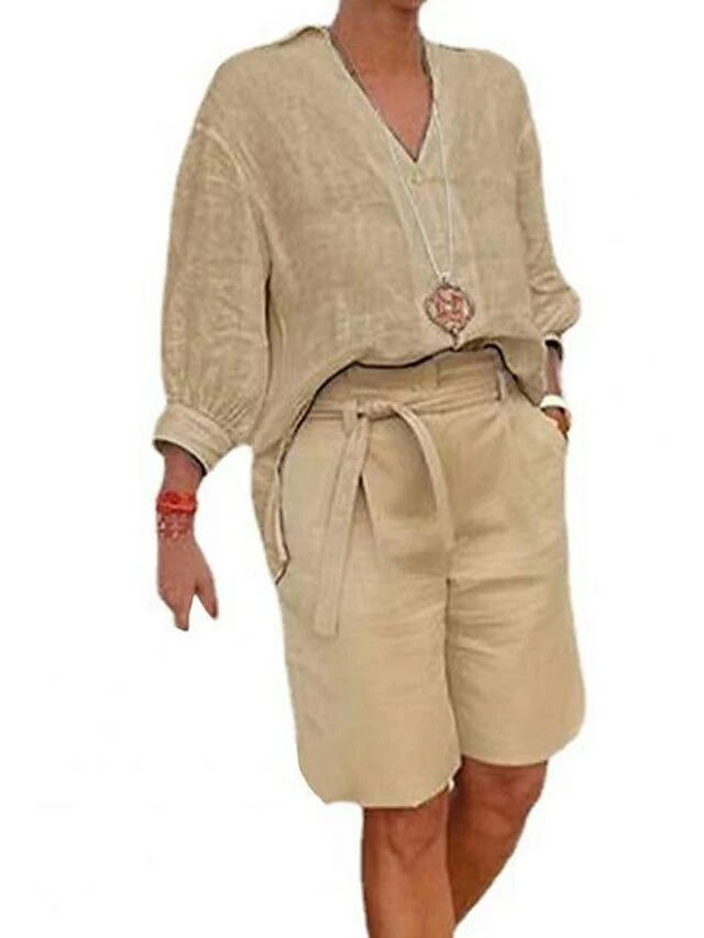 Women's Shirt Shorts Sets Pink Blue Khaki Plain Long Sleeve Casual Daily Streetwear Daily V Neck Regular Fit Fall & Winter 4 Women's Shirt Shorts Sets Pink Blue Khaki Plain Long Sleeve Casual Daily Streetwear Daily V Neck Regular Fit Fall & Winter - Image 2