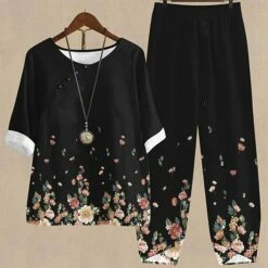 Women's Shirt Pants Sets Black Pink Blue Graphic Floral Print Short Sleeve Casual Daily Basic Round Neck Regular Fit Fall & Winter -LIGHTINTHEBOX Shop vnxuvs1685005946244