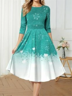 Women's Retro 1950s Vintage Dress Midi Dress Christmas Daily Print Snowflake Crew Neck 3/4 Length Sleeve Slim Spring Fall 2023 Wine Blue S M L XL -LIGHTINTHEBOX Shop vnxydy1697681446403