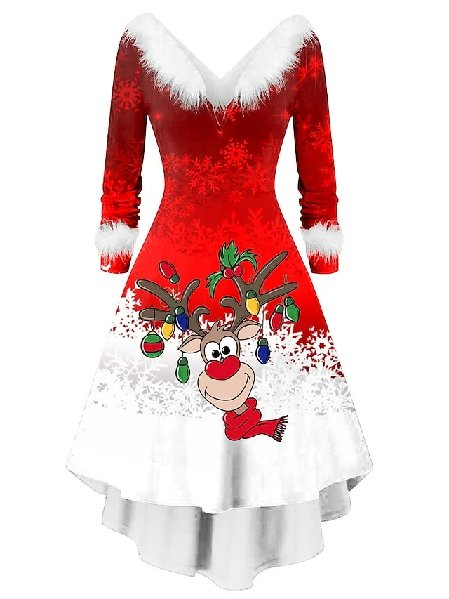 Women's Christmas Swing Dress Vintage Dress Midi Dress Green Silver Wine Red Brown White Long Sleeve Print Plus High Low Print Winter Fall V Neck Vintage Romantic Traditional 2022 S M L XL 2XL 10 Women's Christmas Swing Dress Vintage Dress Midi Dress Green Silver Wine Red Brown White Long Sleeve Print Plus High Low Print Winter Fall V Neck Vintage Romantic Traditional 2022 S M L XL 2XL - Image 8