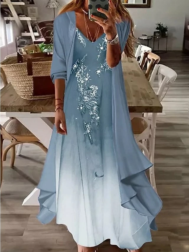 Women‘s Casual Dress Dress Set Two Piece Dress Long Dress Maxi Dress Blue Half Sleeve Print Ruched Summer Spring Fall V Neck Basic Daily Date 2023 S M L XL XXL 3XL 3 Women‘s Casual Dress Dress Set Two Piece Dress Long Dress Maxi Dress Blue Half Sleeve Print Ruched Summer Spring Fall V Neck Basic Daily Date 2023 S M L XL XXL 3XL