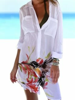 Women‘s Shirt Dress Cover Up Beach Dress Beach Wear Mini Dress Pocket Print Fashion Casual Floral Turndown 3/4 Length Sleeve Loose Fit Outdoor Daily White Yellow 2023 Spring Summer S M L XL -LIGHTINTHEBOX Shop vqhpzw1675938181124
