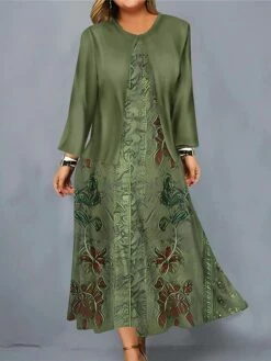 Women's Plus Size Curve Casual Dress Dress Set Two Piece Dress Floral Midi Dress Long Sleeve Print Crew Neck Fashion Outdoor Blue Purple Fall Winter L XL XXL 3XL 4XL