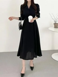 Women's Work Dress Semi Formal Dress A Line Dress Fashion Office Daily Workfashion Midi Dress Ruched Button Shirt Collar Long Sleeve Plain Loose Fit Black Brown Apricot Fall Winter S M L XL -LIGHTINTHEBOX Shop vqqyjd1695805450278