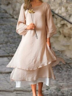 Women's Casual Dress Cotton Linen Dress Swing Dress Midi Dress Cotton Blend Basic Casual Outdoor Daily Vacation Crew Neck Button Layered Long Sleeve Summer Spring Fall 2023 Loose Fit Light Pink White -LIGHTINTHEBOX Shop vradpa1680163683442