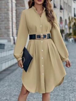 Women's Shirt Dress Casual Dress Mini Dress Outdoor Daily Date Polyester Fashion Modern V Neck Ruched Button Long Sleeve Fall Winter 2023 Loose Fit ArmyGreen Orange Apricot Pure Color S M L XL