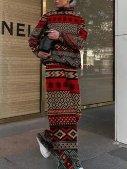 Women's Shirt Pants Sets Black Red Green Geometric Plaid Houndstooth Print Long Sleeve Casual Daily Streetwear Turtleneck Regular Fit Fall & Winter