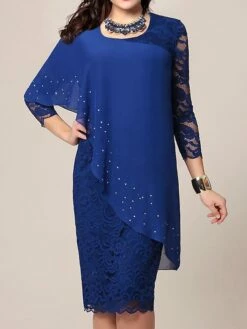 Women's Party Dress Work Dress Sheath Dress Midi Dress Navy Blue Blue Green 3/4 Length Sleeve Pure Color Lace Spring Fall Crew Neck Mature Office Summer Dress Spring Dress 2023 S M L XL XXL 3XL 4XL