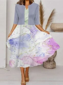 Women's Two Piece Dress Set Casual Dress Tank Dress Outdoor Daily Fashion Streetwear Pocket Print Midi Dress V Neck 3/4 Length Sleeve Geometric Color Block Regular Fit Black White Blue Spring Fall S -LIGHTINTHEBOX Shop vttsfj1690857635967