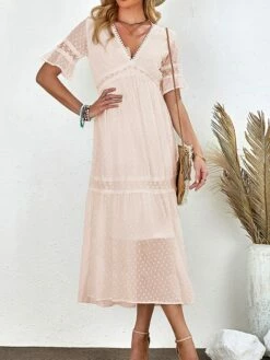 Women's Long Dress Maxi Dress Party Dress Casual Dress Sundress Pure Color Basic Casual Outdoor Daily Vacation Lace Patchwork Half Sleeve V Neck Dress Loose Fit White Summer Spring S M L XL XXL -LIGHTINTHEBOX Shop vutijk1678356599376