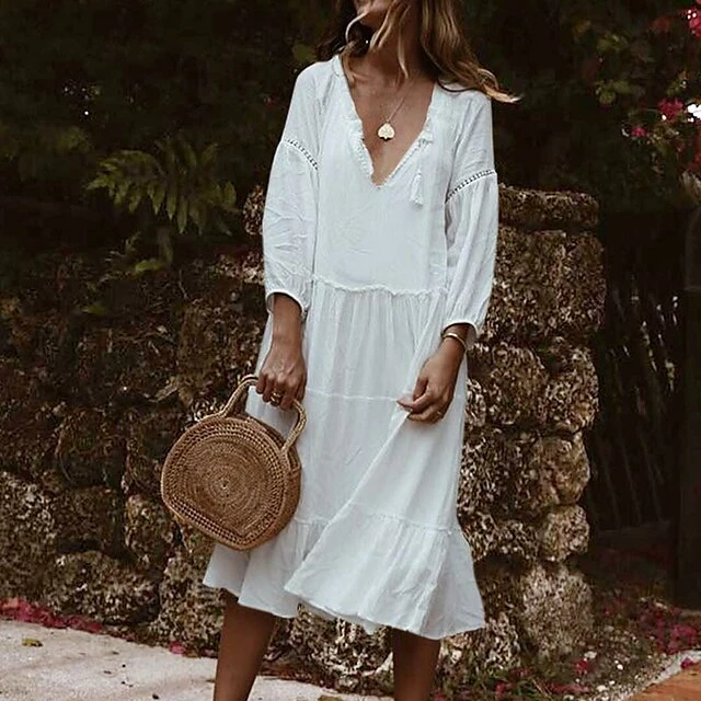 Women's Casual Dress Midi Dress White Red Dark Blue 3/4 Length Sleeve Pure Color Ruched Summer Spring V Neck Casual Loose Fit 2023 S M L XL XXL 3 Women's Casual Dress Midi Dress White Red Dark Blue 3/4 Length Sleeve Pure Color Ruched Summer Spring V Neck Casual Loose Fit 2023 S M L XL XXL
