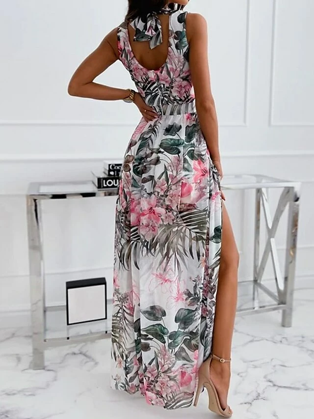 Women's Swing Dress Long Dress Maxi Dress Pink White Sleeveless Floral Split Spring Summer V Neck Weekend 2023 S M L XL XXL 4 Women's Swing Dress Long Dress Maxi Dress Pink White Sleeveless Floral Split Spring Summer V Neck Weekend 2023 S M L XL XXL - Image 2