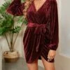 Women's Party Dress Velvet Dress Cocktail Dress Mini Dress Wine Long Sleeve Pure Color Lace Up Spring Fall Winter V Neck Fashion Winter Dress Wedding Guest Vacation 2023 S M L XL XXL