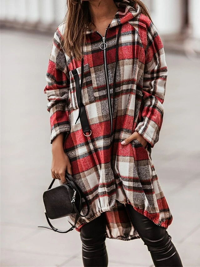 Women's Casual Dress Plaid Dress Spring Dress Midi Dress Zipper Date Going Out Weekend Active Fashion Hooded Long Sleeve 2023 Loose Fit Black Red Green Color S M L XL XXL Size 4 Women's Casual Dress Plaid Dress Spring Dress Midi Dress Zipper Date Going Out Weekend Active Fashion Hooded Long Sleeve 2023 Loose Fit Black Red Green Color S M L XL XXL Size - Image 2