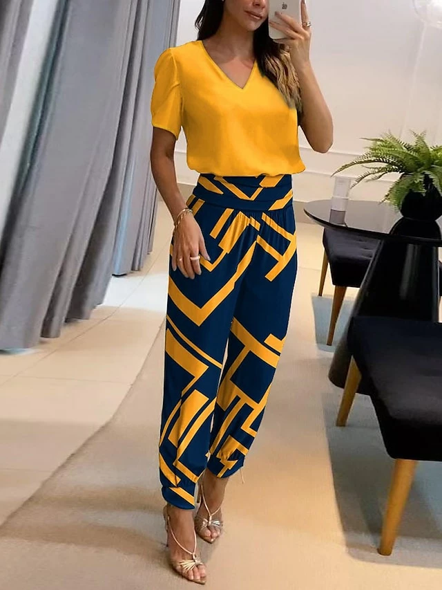 Women's Shirt Pants Sets Black Yellow Royal Blue Graphic Butterfly Print Short Sleeve Casual Daily Vintage Fashion Streetwear V Neck Regular Fit Fall & Winter 4 Women's Shirt Pants Sets Black Yellow Royal Blue Graphic Butterfly Print Short Sleeve Casual Daily Vintage Fashion Streetwear V Neck Regular Fit Fall & Winter - Image 2