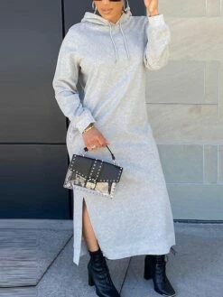 Women's Casual Dress Hoodie Dress Shift Dress Midi Dress Split Daily Date Vacation Active Fashion Hooded Long Sleeve 2023 Loose Fit Gray Color S M L XL Size