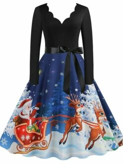 Women's Christmas Casual Dress Swing Dress Midi Dress Blue Purple Royal Blue Light Blue White Long Sleeve Santa Claus Elk Tree Bow Print Winter Fall V Neck Vacation Vintage 2022 S M L XL -LIGHTINTHEBOX Shop vzezkx1666927317986