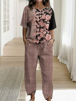 Women's Shirt Pants Sets Red Blue Green Floral Print Half Sleeve Casual Daily Basic Round Neck Regular Fit Fall & Winter -LIGHTINTHEBOX Shop vzhdkh1692621967246