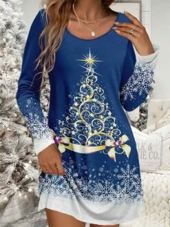 Women's Christmas Work Dress Casual Dress Winter Dress Daily Mini Dress Print Crew Neck Long Sleeve Tree Loose Fit Wine Navy Blue Brown Fall Winter -LIGHTINTHEBOX Shop vzmnsn1695103252994