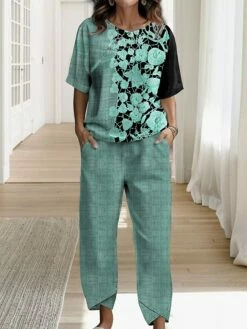 Women's Shirt Pants Sets Red Blue Green Floral Print Half Sleeve Casual Daily Basic Round Neck Regular Fit Fall & Winter -LIGHTINTHEBOX Shop vzsgwo1692621965493