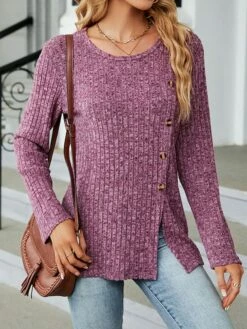 Shirt Blouse Women's Black Blue Fuchsia Solid / Plain Color Button Split Daily Fashion Round Neck Regular Fit S