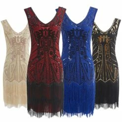Women's Retro 1920s Fringe Dress Midi Dress Party Halloween Sequins Tassel Fringe Floral V Neck Sleeveless Regular Fit Spring Fall 2023 Silver Red S M L XL