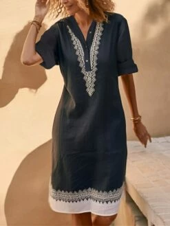 Women's Shirt Dress Casual Dress Cotton Linen Dress Midi Dress Polyester Fashion Casual Daily Outdoor Daily Vacation Shirt Collar Button Print 3/4 Length Sleeve Spring Fall Autumn 2023 Loose Fit Black -LIGHTINTHEBOX Shop wbdgve1692178262633