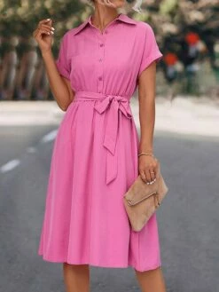 Women's Shirt Dress Casual Dress Midi Dress Outdoor Daily Date Polyester Casual Classic Shirt Collar Lace Up Ruched Short Sleeve Summer Spring 2023 Loose Fit Black Blue Rose Red Plain S M L XL -LIGHTINTHEBOX Shop wbmmth1677739301837