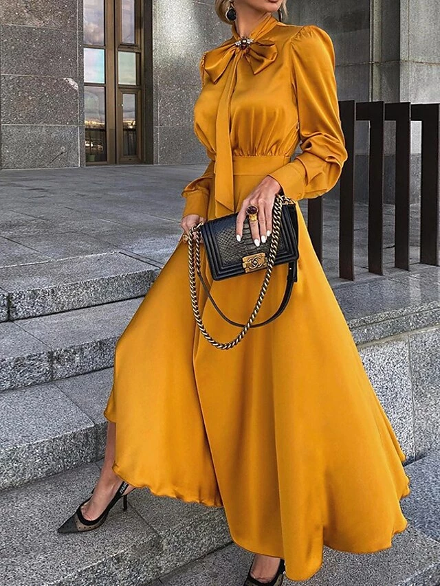Women's Sheath Dress Maxi Long Dress Yellow Black Red Long Sleeve Ruched Bow Summer Round Neck Hot Casual Slim 2021 S M L XL 3 Women's Sheath Dress Maxi Long Dress Yellow Black Red Long Sleeve Ruched Bow Summer Round Neck Hot Casual Slim 2021 S M L XL