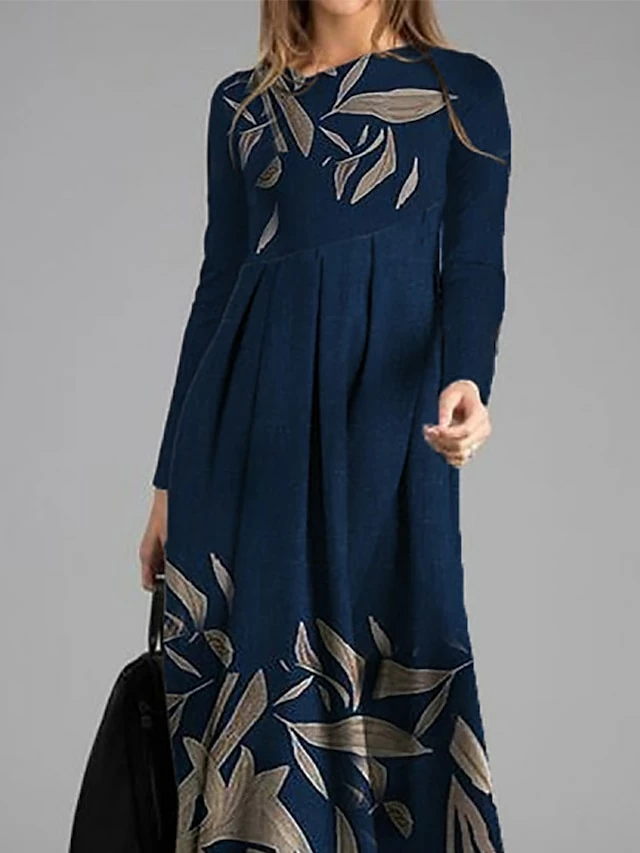 Women's Casual Dress Winter Dress A Line Dress Leaf Floral Ruched Patchwork Crew Neck Long Dress Maxi Dress Fashion Streetwear Outdoor Daily Long Sleeve Regular Fit Black Navy Blue Fall Winter S M L 4 Women's Casual Dress Winter Dress A Line Dress Leaf Floral Ruched Patchwork Crew Neck Long Dress Maxi Dress Fashion Streetwear Outdoor Daily Long Sleeve Regular Fit Black Navy Blue Fall Winter S M L - Image 2